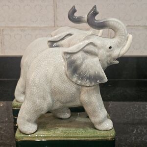 Vintage Takahashi Porcelain Elephant Figurine Bookends Trunk Up Hidden Space